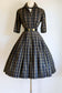 Vintage 1950s to 1960s Dress - Wonderful Woven Cotton Olive Black Plaid Shirtwaist Size M