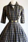 Vintage 1950s to 1960s Dress - Wonderful Woven Cotton Olive Black Plaid Shirtwaist Size M