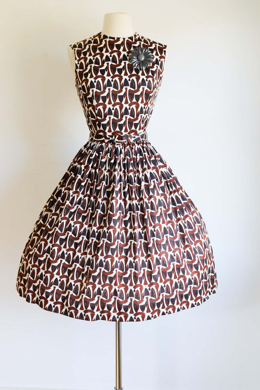 Vintage 1960s Dress - Kabro Leopard Geometric Print Jersey Mod Full Skirt Sundress Size XS to S