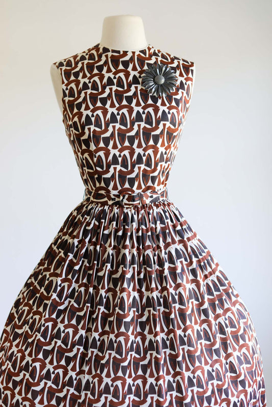 Vintage 1960s Dress - Kabro Leopard Geometric Print Jersey Mod Full Skirt Sundress Size XS to S