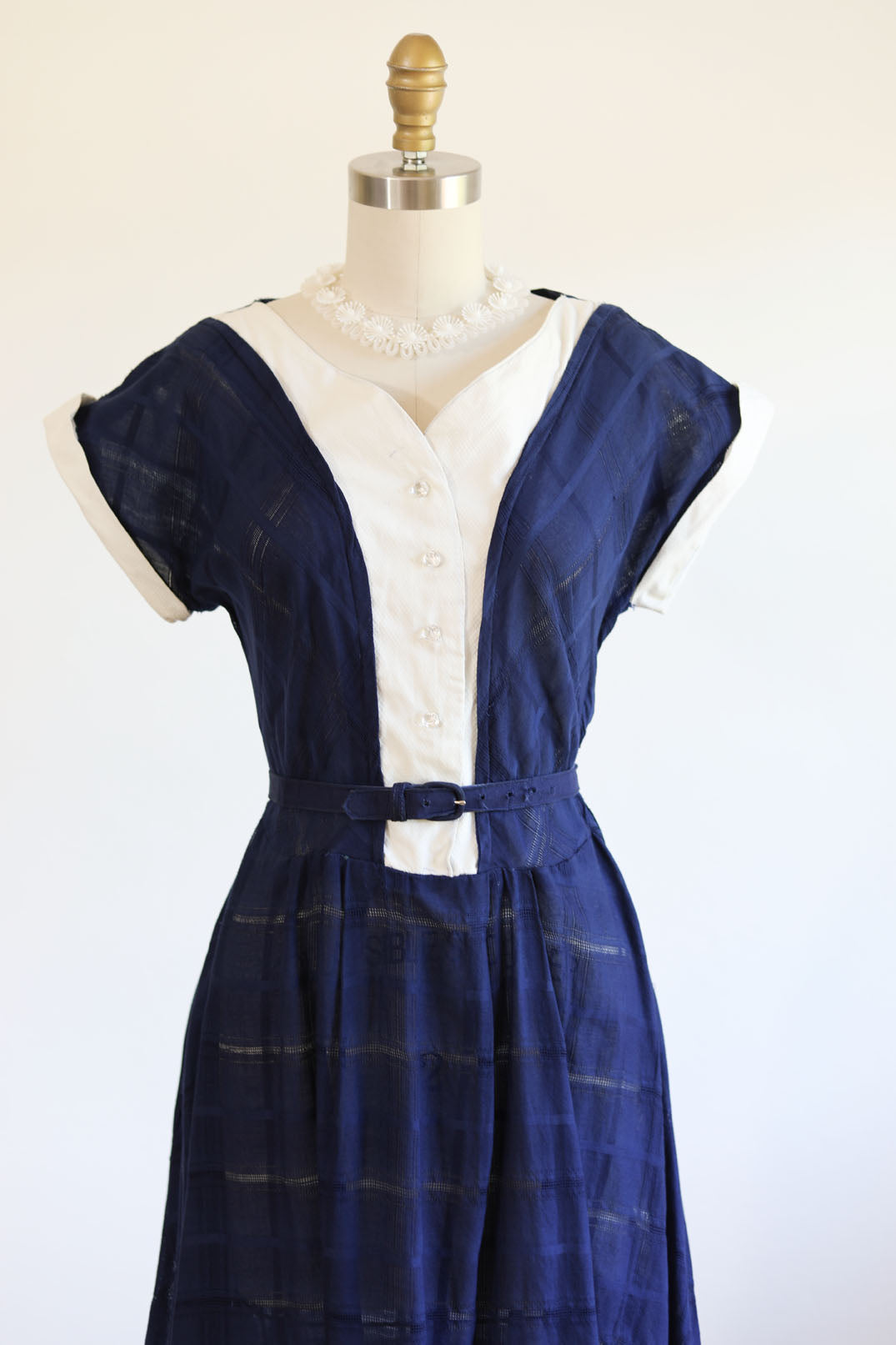 Vintage 1940s Dress - SASSY Midnight Blue Woven Cotton + White Pique Shirtwaist As-Is Size S - M