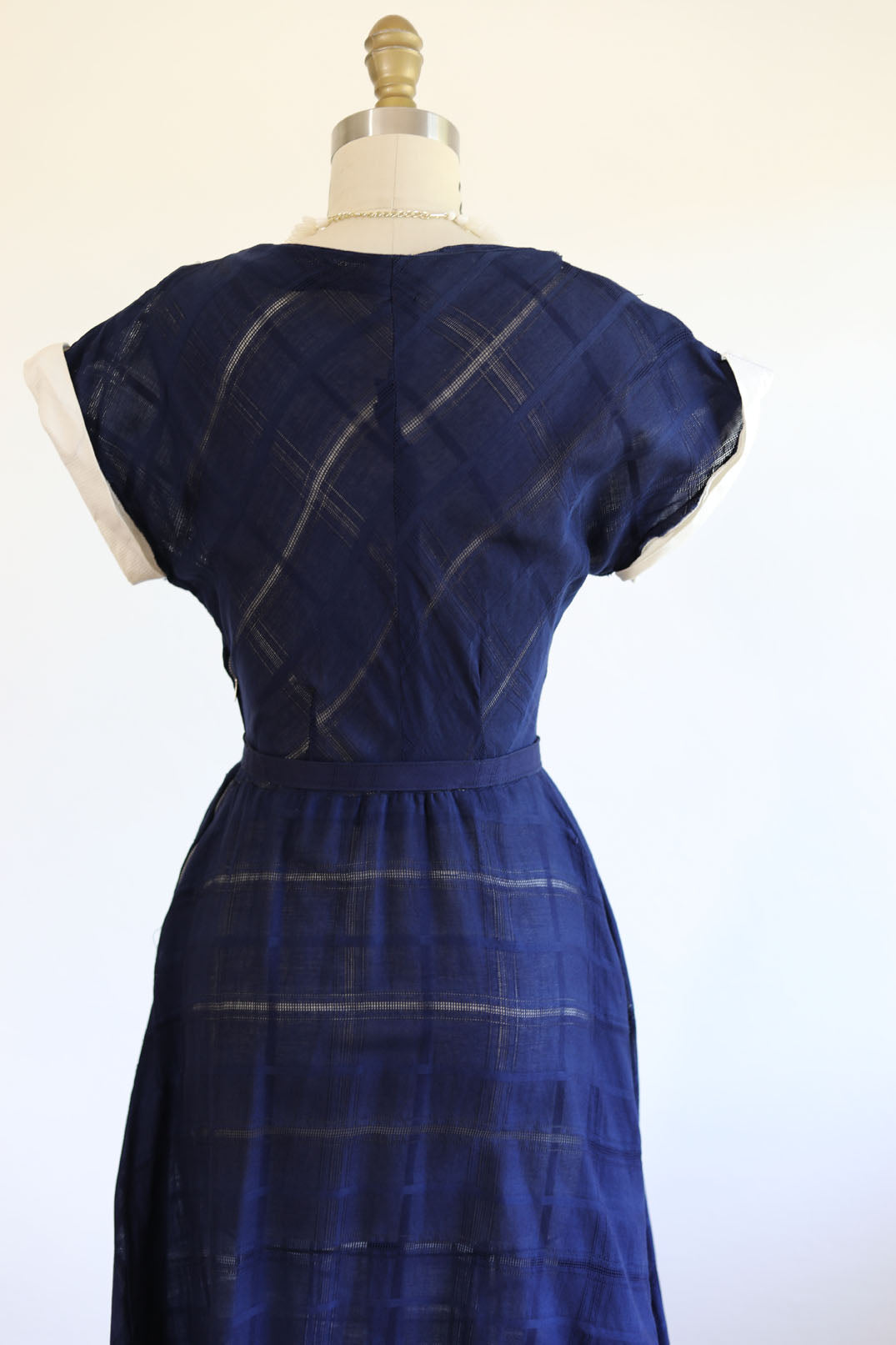 Vintage 1940s Dress - SASSY Midnight Blue Woven Cotton + White Pique Shirtwaist As-Is Size S - M