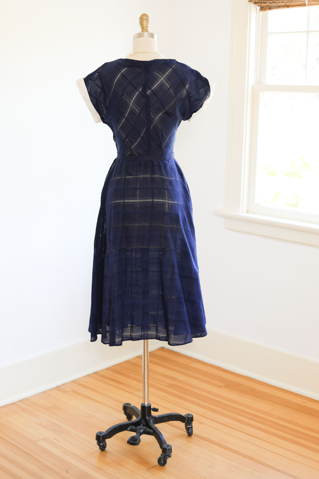 Vintage 1940s Dress - SASSY Midnight Blue Woven Cotton + White Pique Shirtwaist As-Is Size S - M