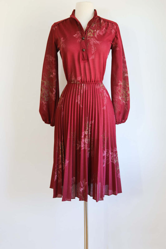 Vintage 1970s Dress - Moody Oxblood Gold Pink Autumn Leaf Balloon Bishop Sleeve Dress Size M