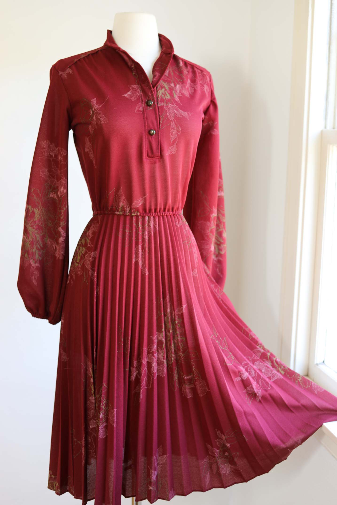 Vintage 1970s Dress - Moody Oxblood Gold Pink Autumn Leaf Balloon Bishop Sleeve Dress Size M