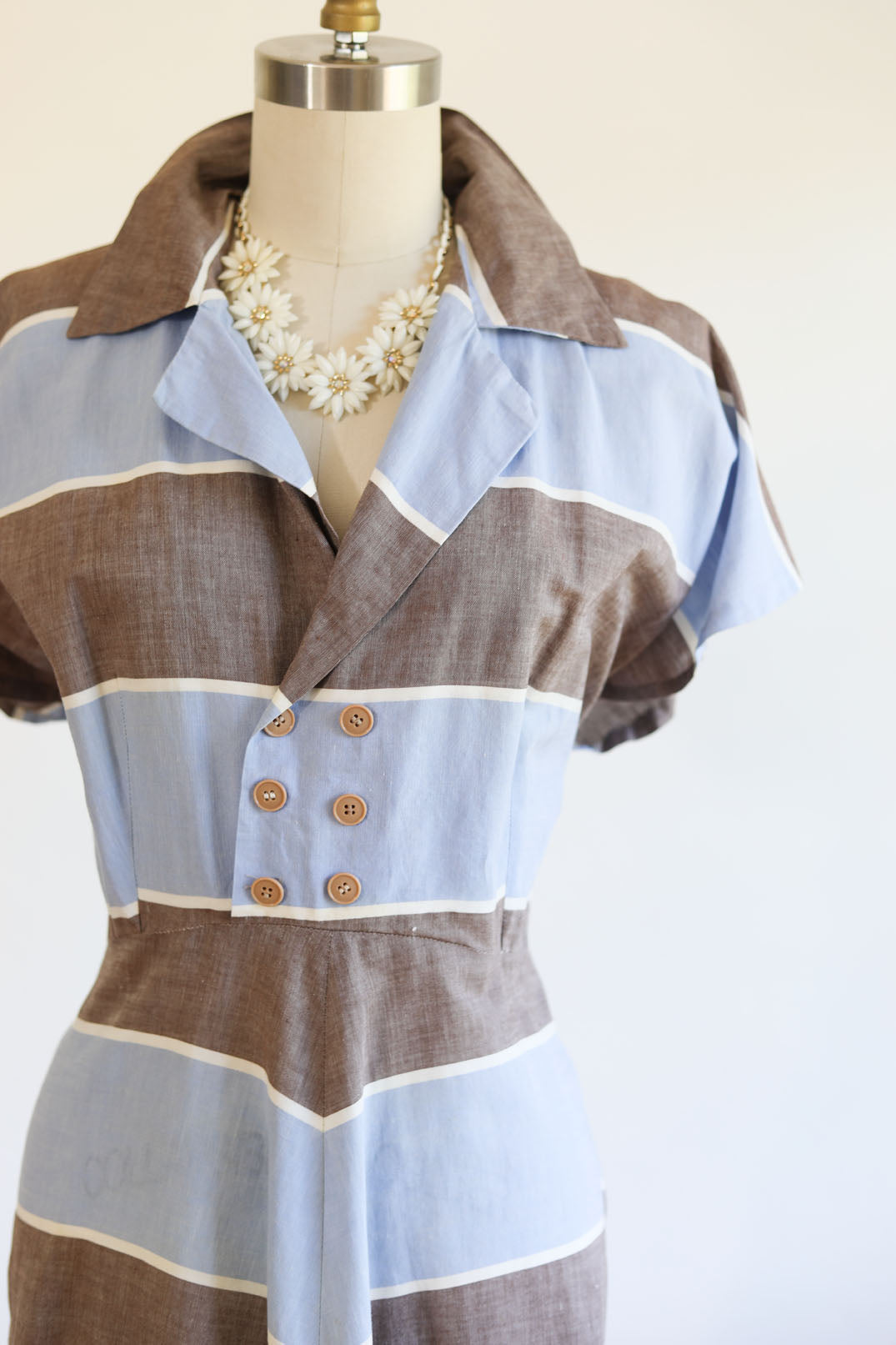 Vintage 1940s Dress - SOFT + SUPER CUTE Cotton Chambray Shirtwaist in Delphite, Cocoa, White Stripes Size L to XL