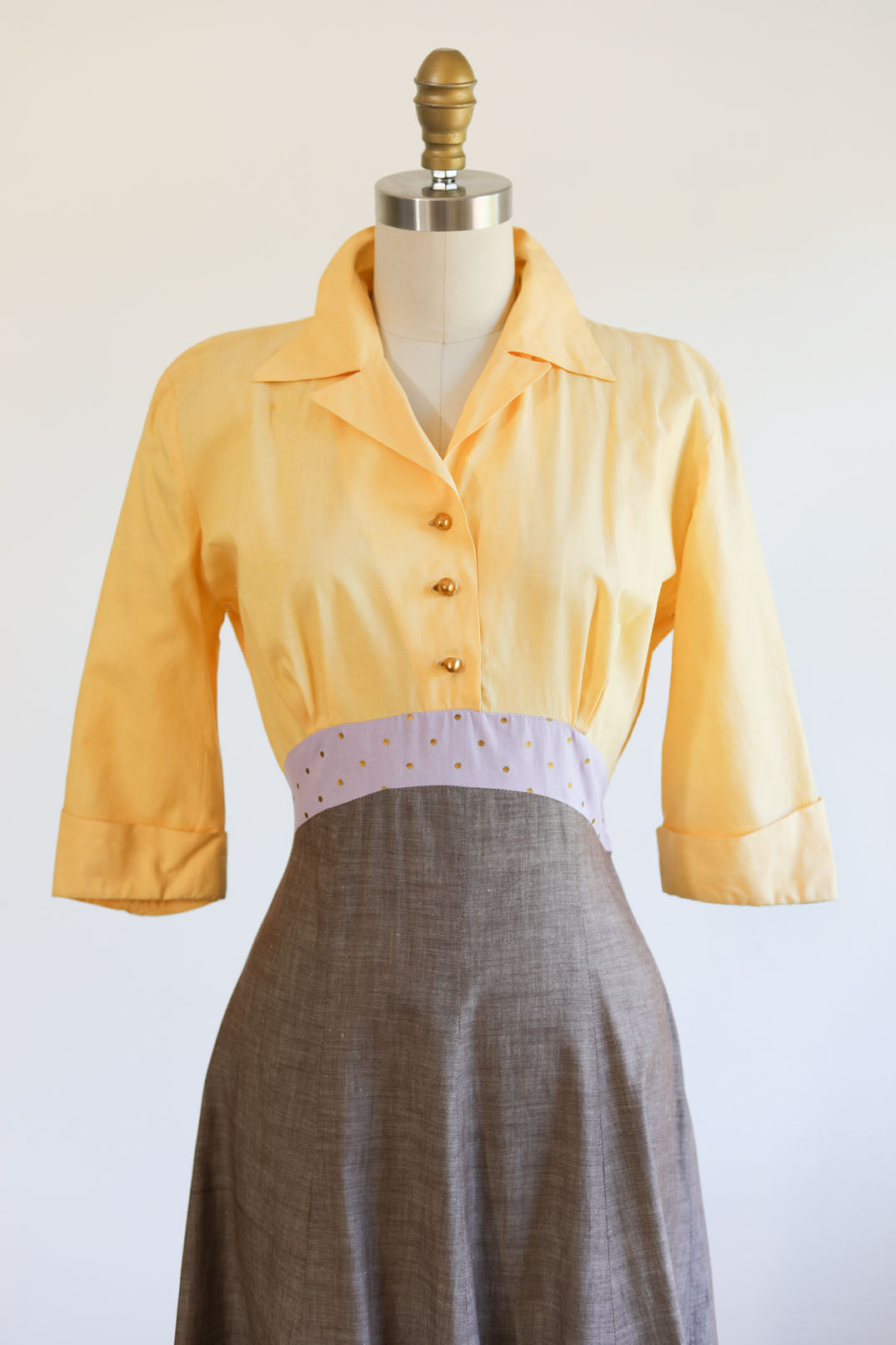 Vintage 1940s Dress - INCREDIBLE Doris Dodson Set - Lavender Dijon Mustard Mocha Colorblock Chambray Dress + Vest w Metallic Gold Accents Size S - M