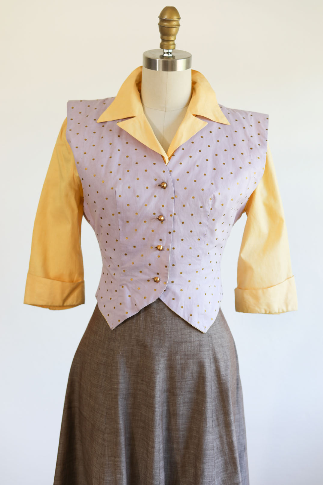 Vintage 1940s Dress - INCREDIBLE Doris Dodson Set - Lavender Dijon Mustard Mocha Colorblock Chambray Dress + Vest w Metallic Gold Accents Size S - M