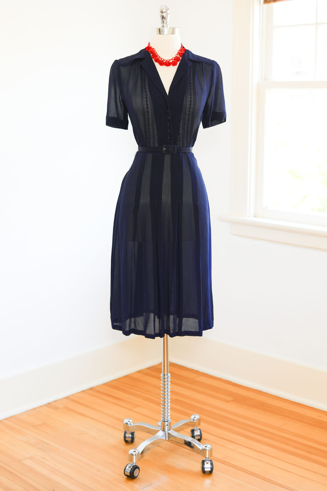 Vintage 1940s Dress - GLORIOUS Midnight Blue Sheer Chiffon Shirtwaist Dress w Beautiful Details Size M - L