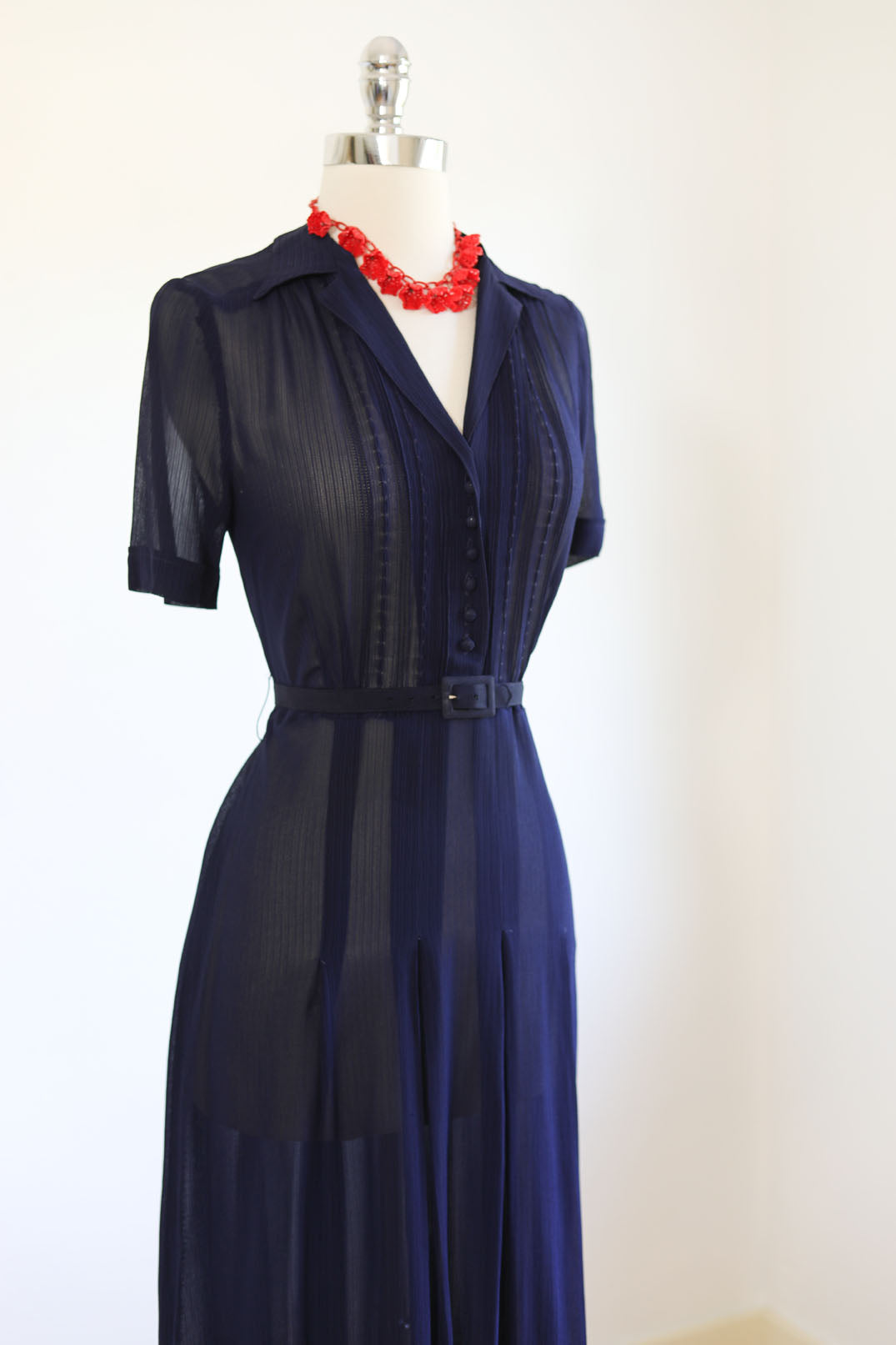 Vintage 1940s Dress - GLORIOUS Midnight Blue Sheer Chiffon Shirtwaist Dress w Beautiful Details Size M - L