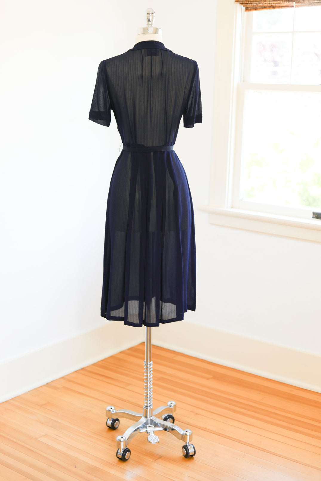 Vintage 1940s Dress - GLORIOUS Midnight Blue Sheer Chiffon Shirtwaist Dress w Beautiful Details Size M - L