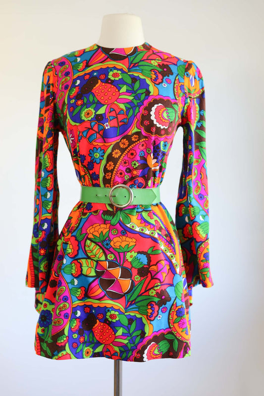 Vintage 1960s Mini Dress - Vibrant Psychedelic Acid Neon Barkcloth Mod Dolly w Angel Bell Sleeves Size S
