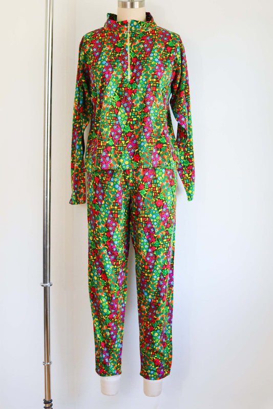 Vintage 1960s Psychedelic Pant Suit - Acid Neon Print Designer Metal Zip-up Top + Cigarette Pants Size M