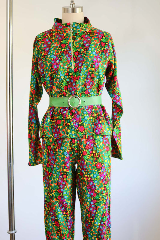 Vintage 1960s Psychedelic Pant Suit - Acid Neon Print Designer Metal Zip-up Top + Cigarette Pants Size M