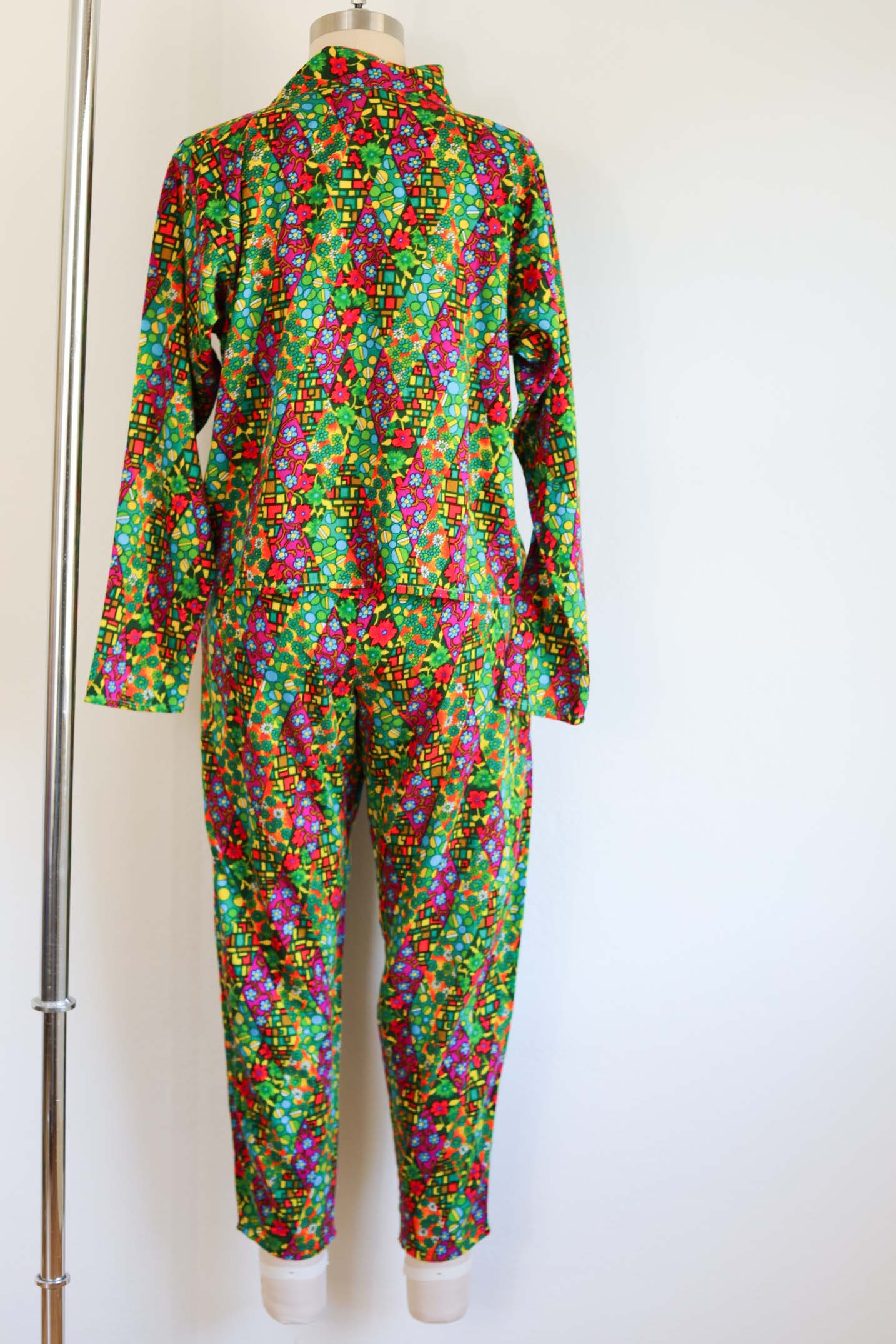 Vintage 1960s Psychedelic Pant Suit - Acid Neon Print Designer Metal Zip-up Top + Cigarette Pants Size M