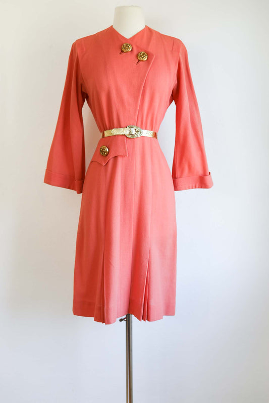 Vintage 1940s Dress - Smart, Sophisticated Coral Pink Wool Samuel Grossman w Gold Metal Accents Dress Size