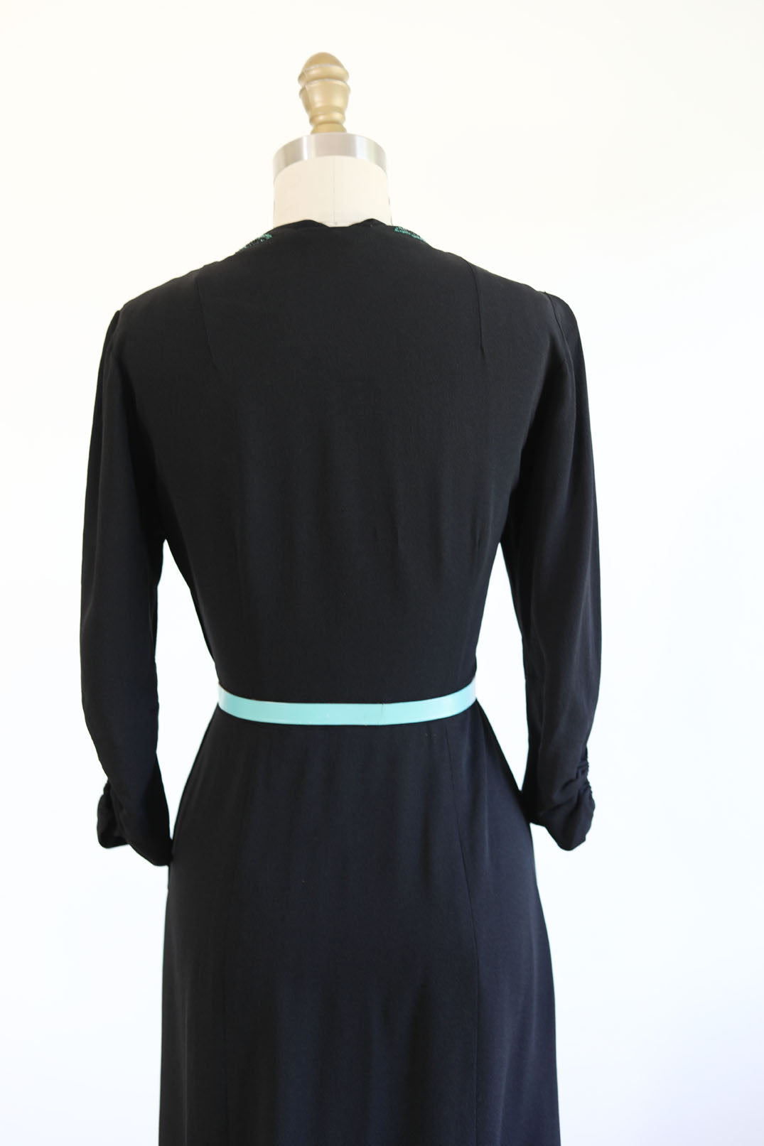 Vintage 1940s Dress - SOPHISTICATED Black Rayon w Aqua Beaded Pinwheels Cocktail Dress Size M - L