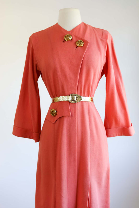 Vintage 1940s Dress - Smart, Sophisticated Coral Pink Wool Samuel Grossman w Gold Metal Accents Dress Size