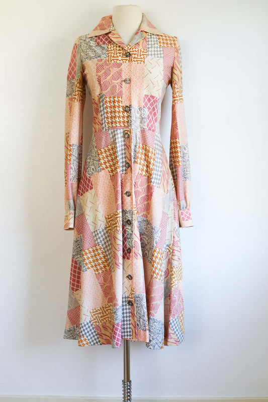 Vintage 1960s to 1970s Maxi Coat Dress - Dreamy Patchwork Pastel Slinky Jersey Duster Dress Size S - M