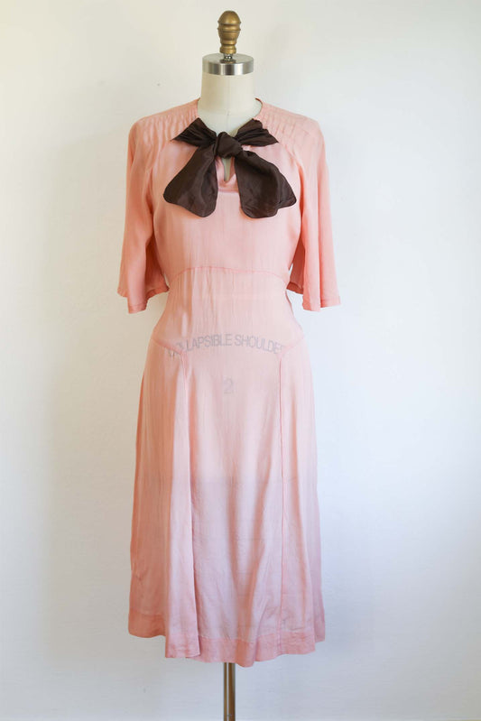 Vintage 1930s Dress - Serene Ballet Slipper Pink + Cocoa Silk Flutter Sleeve w Spiderweb Seaming Size S to M