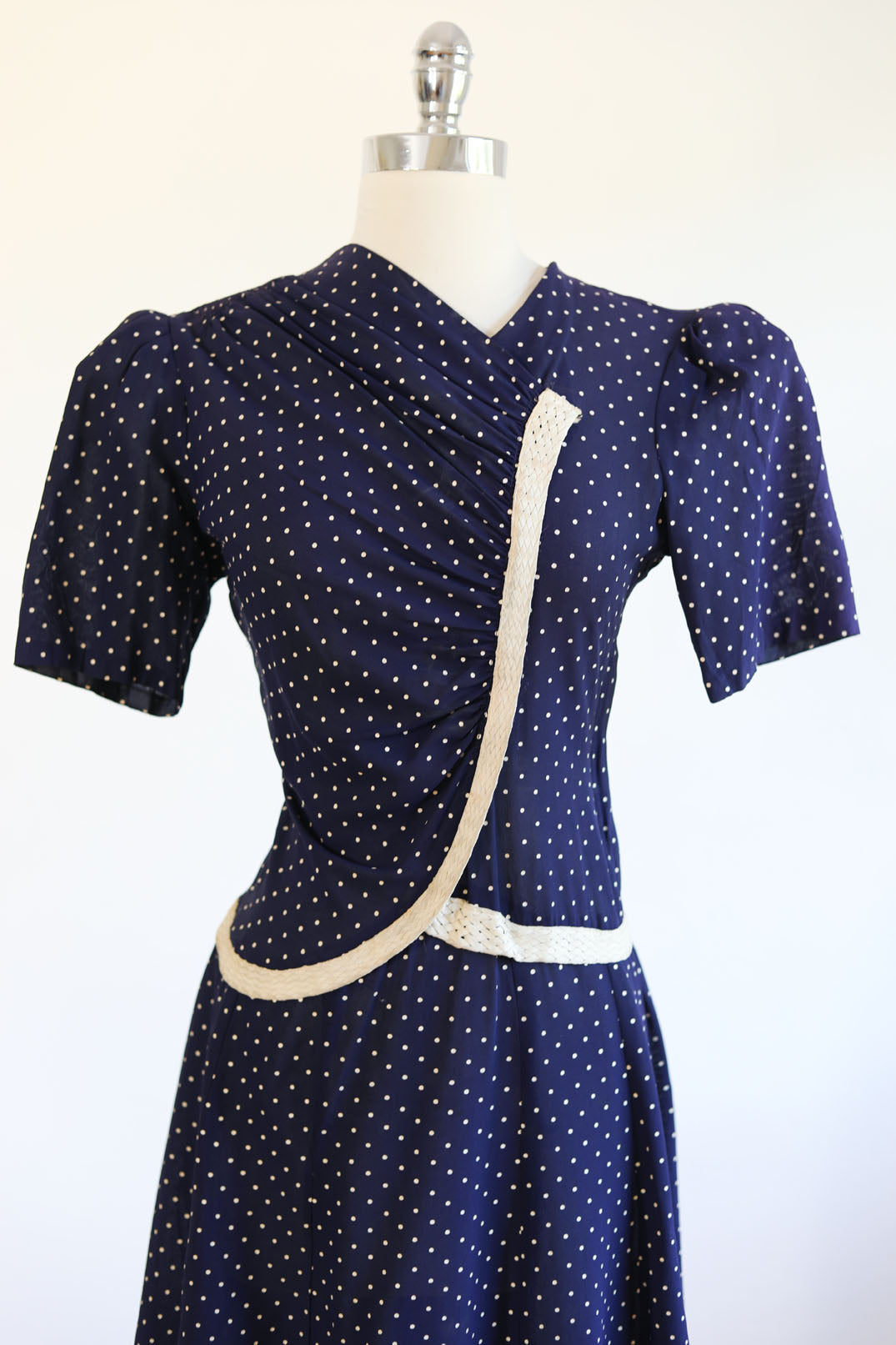 Vintage 1930s Dress - CUTIE PIE Blue w Painted Print Polka Dots, Puffed Sleeves, Cherry Button Size M