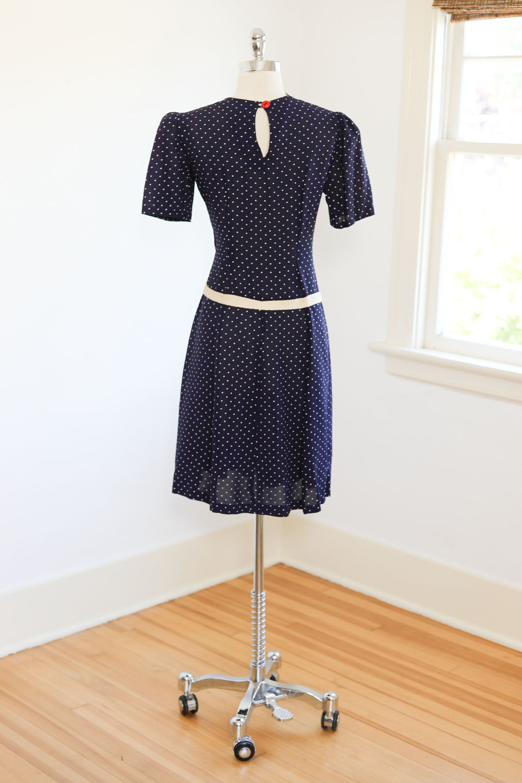 Vintage 1930s Dress - CUTIE PIE Blue w Painted Print Polka Dots, Puffed Sleeves, Cherry Button Size M