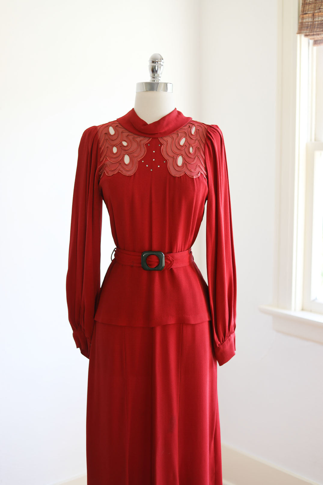 Vintage 1930s Dress - UNBELIEVABLE Bishop-Sleeved Wine/Paprika Red Belted Crepe w Soutache + Fishnet Mesh Size M - L