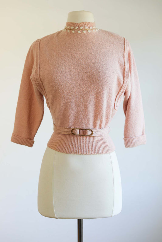 Vintage 1950s Sweater - Ballet Pink Pussy Willow Embroidery + Brass Belt Wasp Waist Wool Angora Top Size M L XL
