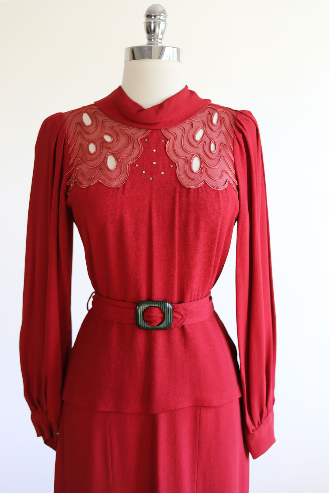 Vintage 1930s Dress - UNBELIEVABLE Bishop-Sleeved Wine/Paprika Red Belted Crepe w Soutache + Fishnet Mesh Size M - L