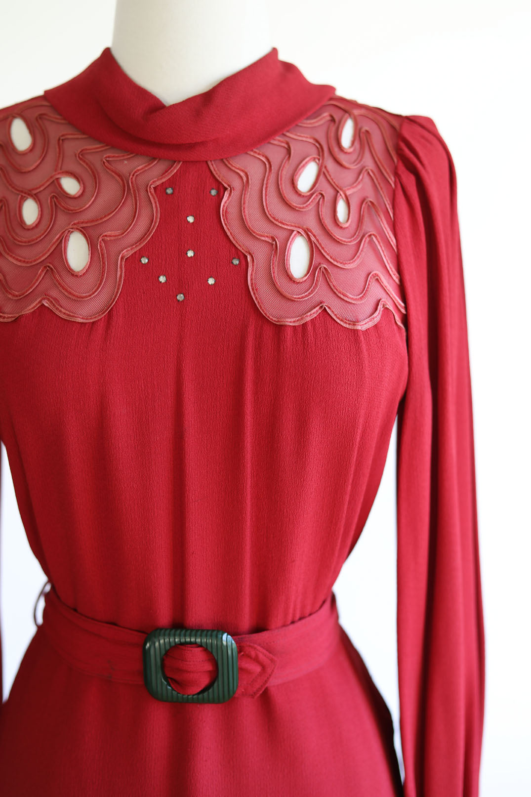 Vintage 1930s Dress - UNBELIEVABLE Bishop-Sleeved Wine/Paprika Red Belted Crepe w Soutache + Fishnet Mesh Size M - L