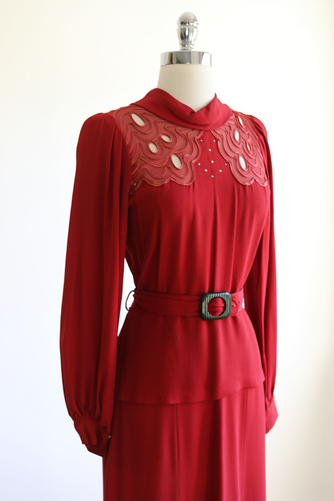 Vintage 1930s Dress - UNBELIEVABLE Bishop-Sleeved Wine/Paprika Red Belted Crepe w Soutache + Fishnet Mesh Size M - L