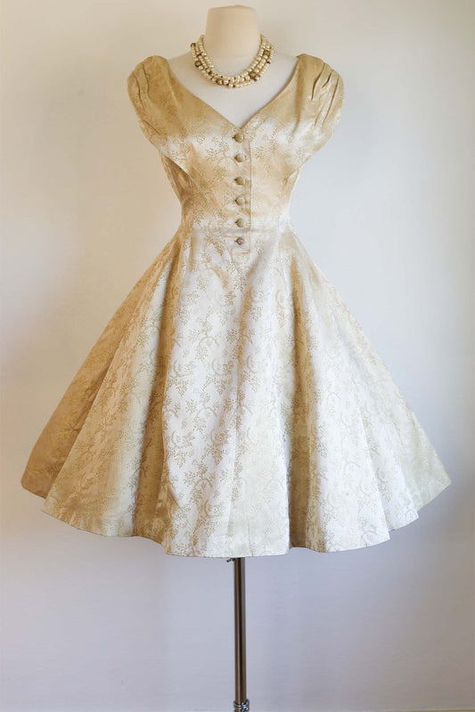Vintage 1950s Party Dress - Beautiful Champagne Gold Metallic Satin Brocade w Wintry Trees Princess Size