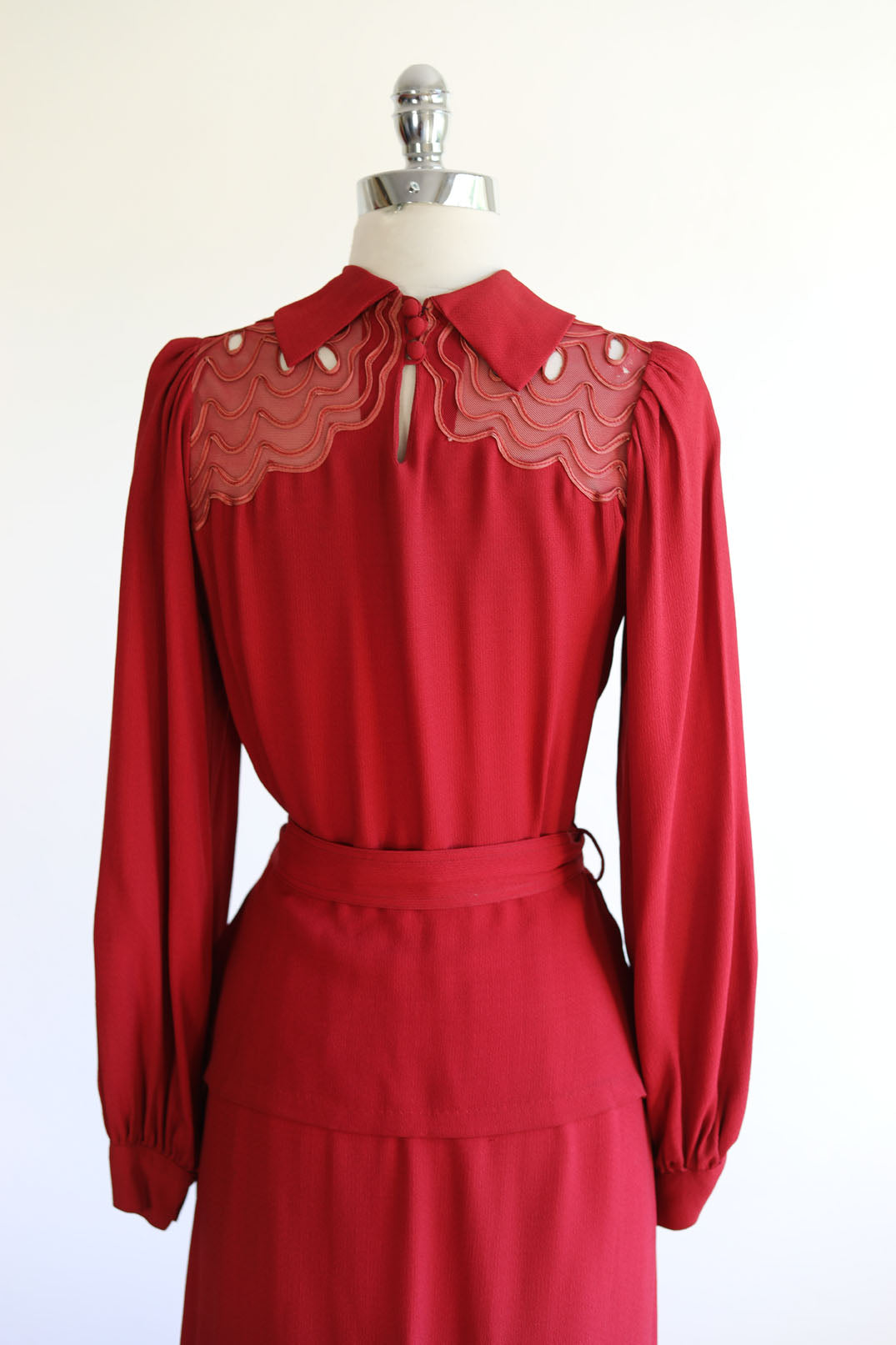 Vintage 1930s Dress - UNBELIEVABLE Bishop-Sleeved Wine/Paprika Red Belted Crepe w Soutache + Fishnet Mesh Size M - L