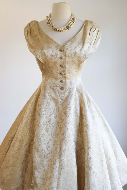 Vintage 1950s Party Dress - Beautiful Champagne Gold Metallic Satin Brocade w Wintry Trees Princess Size