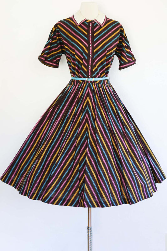 Vintage 1950s Party Dress - Stunning Candy Stripe Woven Cotton w Rhinestones + Peter Pan Collar Shirtwaist Size L