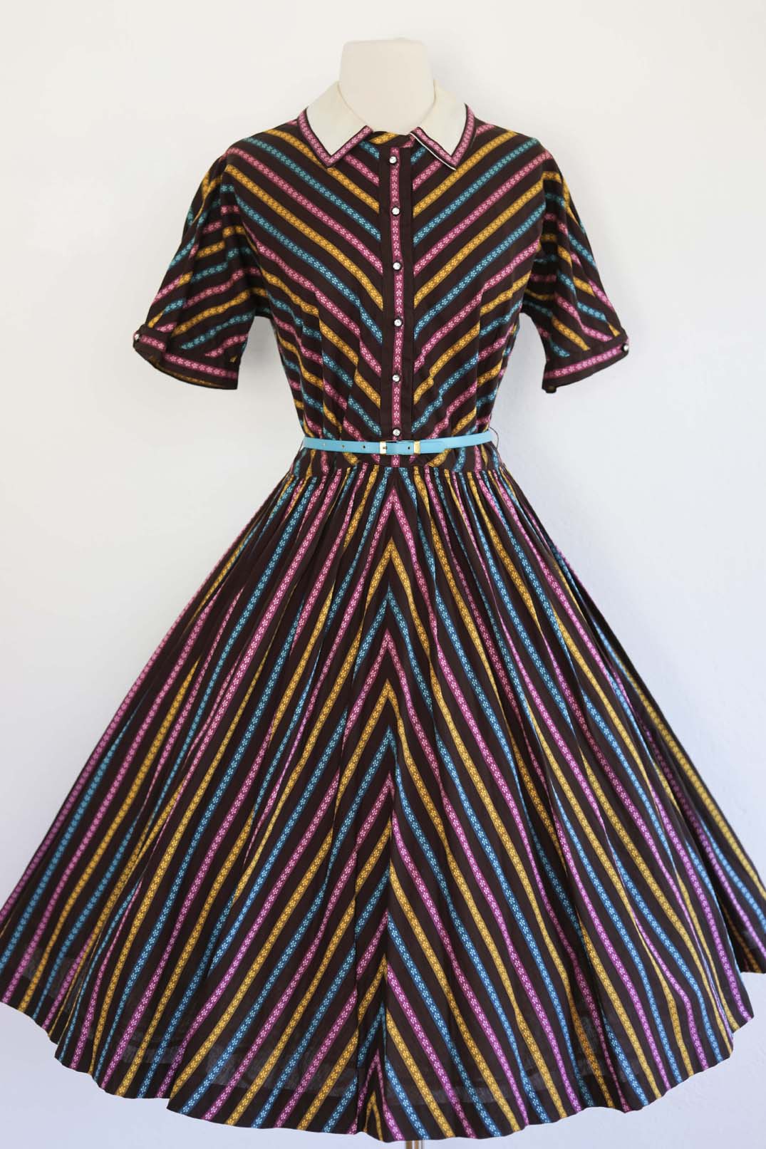 Vintage 1950s Party Dress - Stunning Candy Stripe Woven Cotton w Rhinestones + Peter Pan Collar Shirtwaist Size L