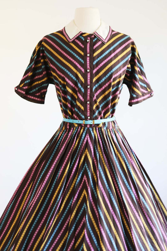 Vintage 1950s Party Dress - Stunning Candy Stripe Woven Cotton w Rhinestones + Peter Pan Collar Shirtwaist Size L