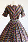 Vintage 1950s Party Dress - Stunning Candy Stripe Woven Cotton w Rhinestones + Peter Pan Collar Shirtwaist Size L