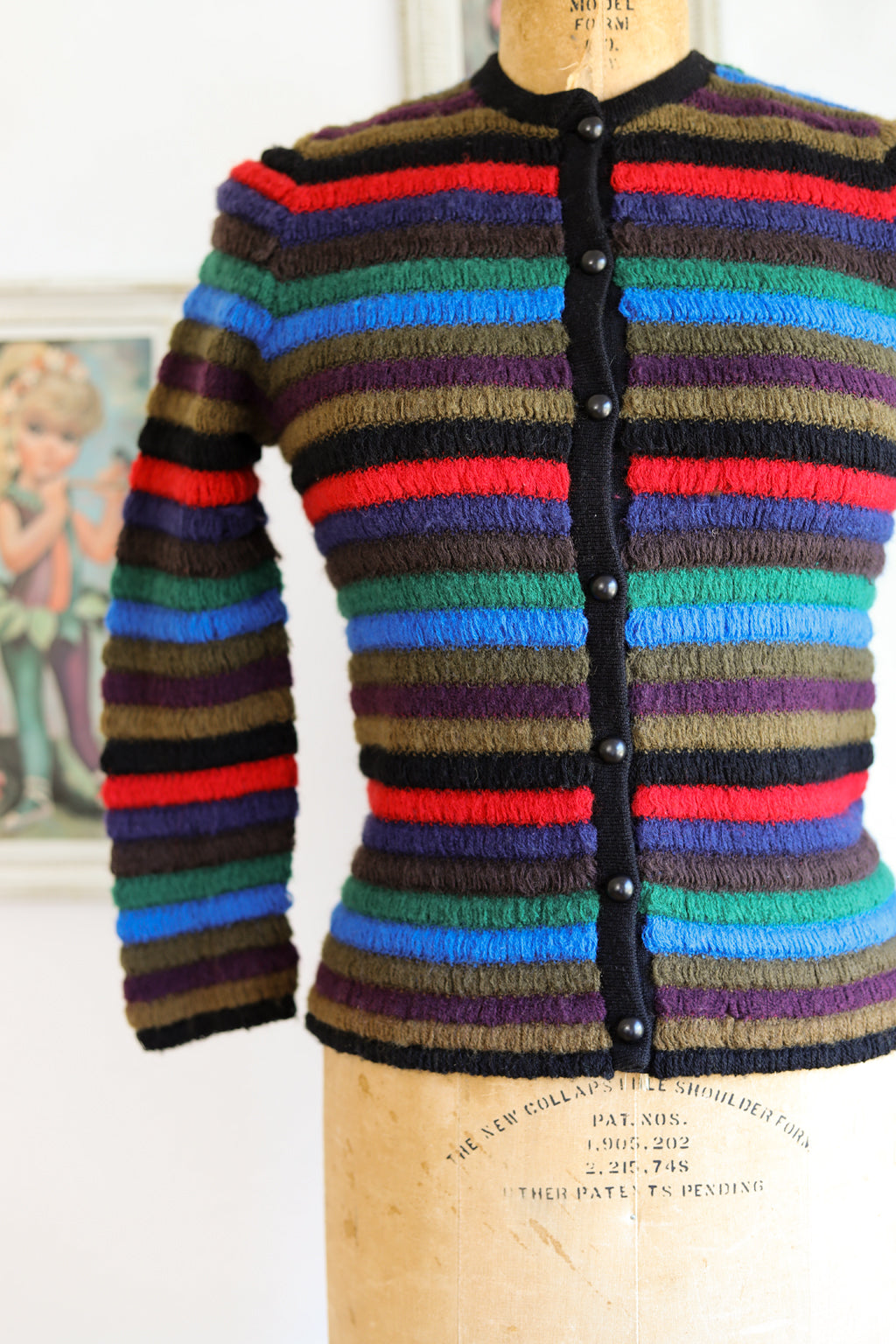 Vintage 1960s Sweater - Mod Electric Rainbow Stripe Shaggy Cutie-Pie Cardigan Size XS to M