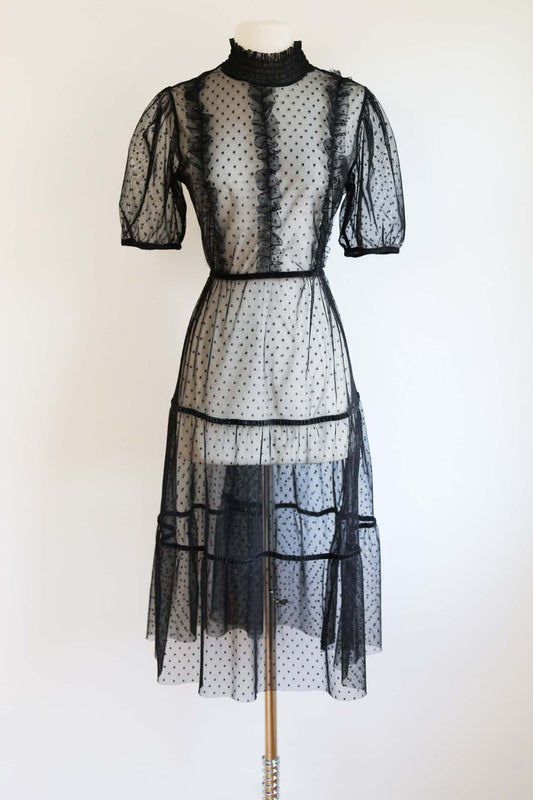 Vintage Y2K Goth Dress - Ideal Black Dotted Mesh w Velveteen Sheer Ruffles Midi Gown Size M to L