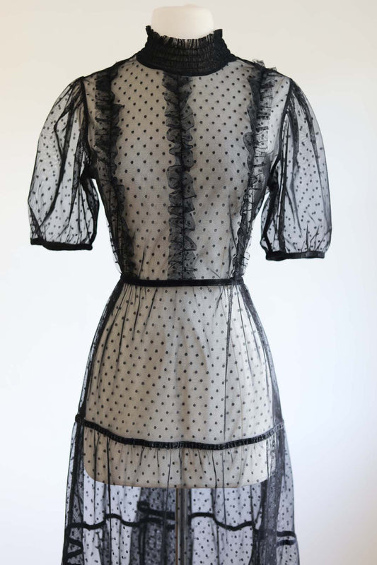 Vintage Y2K Goth Dress - Ideal Black Dotted Mesh w Velveteen Sheer Ruffles Midi Gown Size M to L
