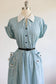 Vintage 1930s - 1940s Cotton Dress - SUPER CUTE! VOLUP Pale Blue Lavender Black Green Floral w Tie Neck & Appliqué Pockets Size L - XL