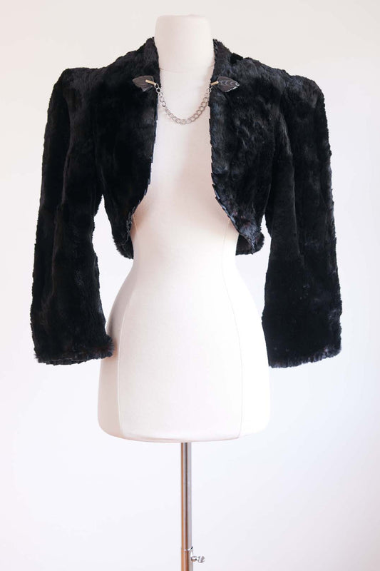 Vintage 1930s to 1940s Sheared Beaver Jacket - Cropped w Bakelite Chain Clasp Bolero Size XS to S