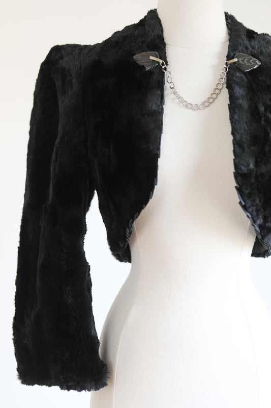 Vintage 1930s to 1940s Sheared Beaver Jacket - Cropped w Bakelite Chain Clasp Bolero Size XS to S