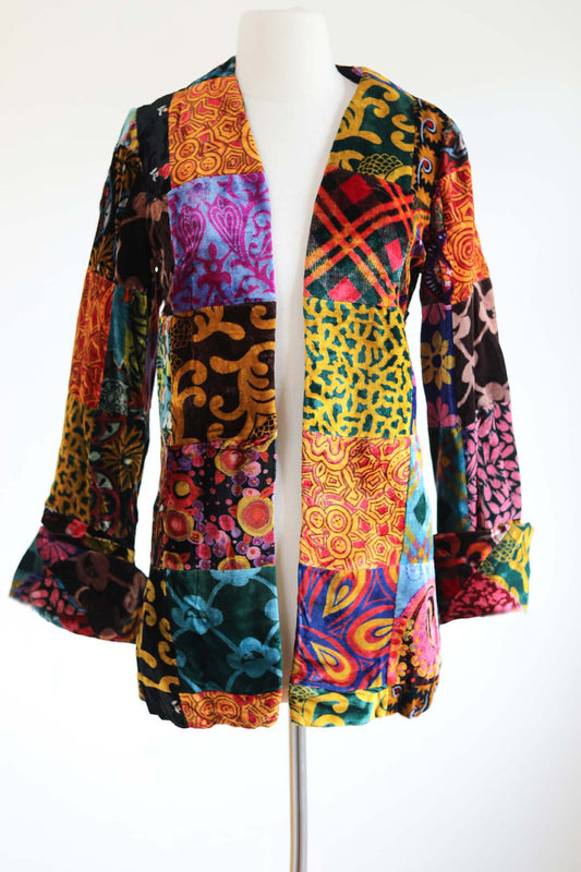 Vintage 1970s RARE Patchwork Velvet Jacket - Stunning Prints Boho Queen Short Coat Size S to M