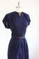 Vintage 1940s Dress - BOMBSHELL Navy Blue Rayon w Gold Metallic Grape + Brass Belt Details Size M - L