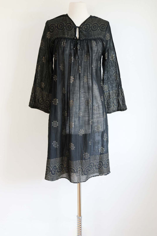 Vintage 1970s Indian Gown - Rare Black Gauze Cotton Block Print Metallic Gold Tunic Kaftan Dress Size S to M