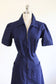 Vintage 1940s Cotton Work Dress - DEADSTOCK Metal Zipper Front Navy Blue Cotton Seersucker w Pockets Size M - L