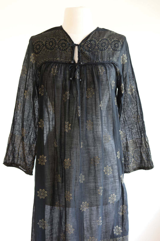 Vintage 1970s Indian Gown - Rare Black Gauze Cotton Block Print Metallic Gold Tunic Kaftan Dress Size S to M