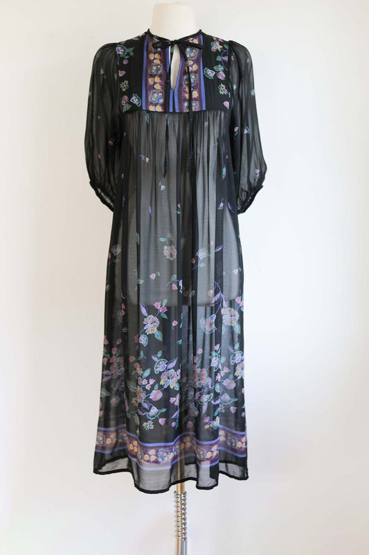 Vintage 1970s Rayon Gown - Indian-Inspired Boho Black Goth Border Print Robbie Bee Tent Tunic Size S to M